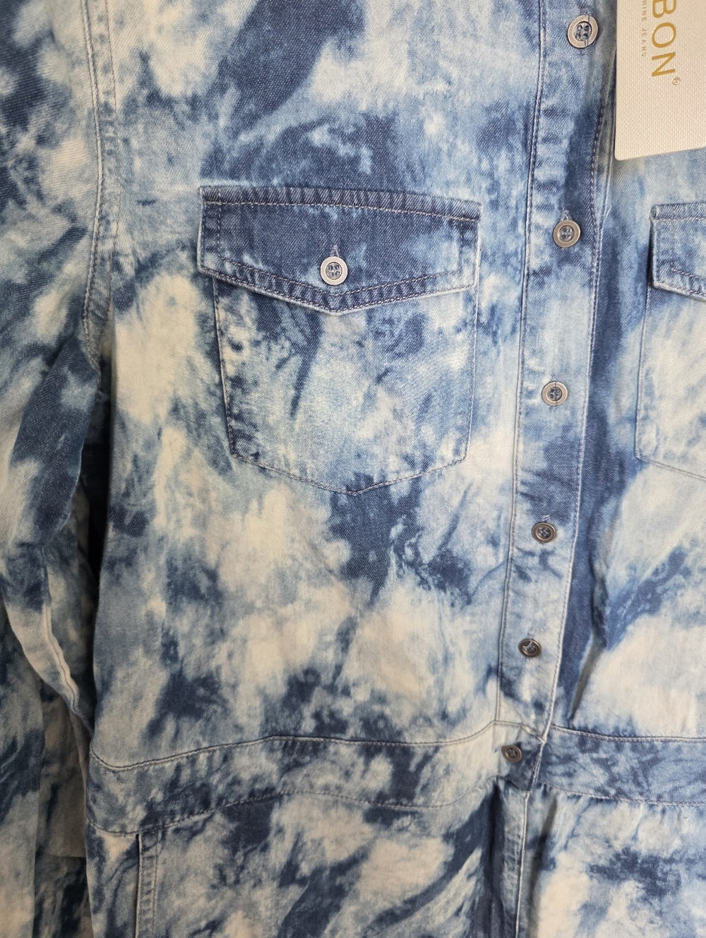 Mebon Women Tie Dye Denim Romper Blue Button Up Sz L Utility Style Long Sleeve - Picture 6 of 11